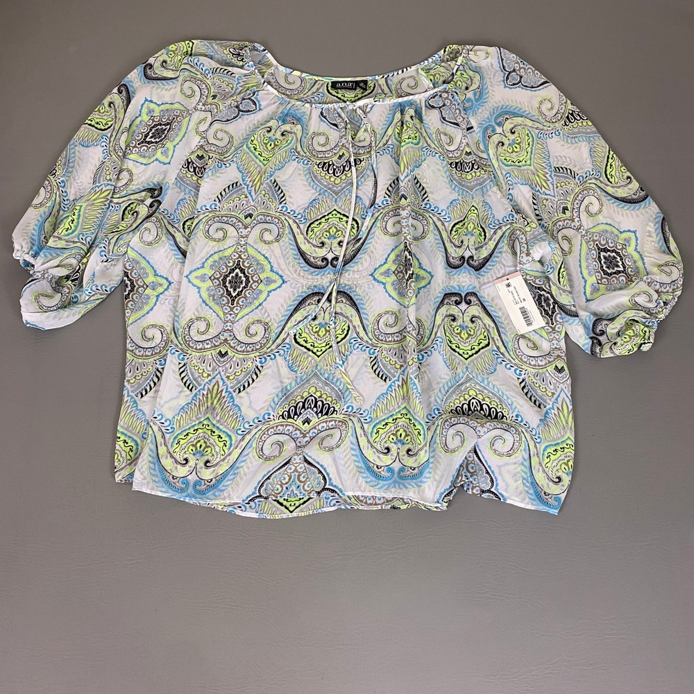 ana A New Approach Blouse Top Women‎ 3X Paisley Scarf Print Blue Lime White NWT